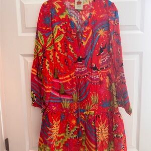 FARM RIO RED MAGIC FOREST V NECK MINI DRESS